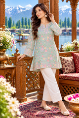 Pastel Green Kashmiri Aari Work Georgette Kurti – Elegant Ethnic Wear CraftKashmir