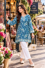Blue Kashmiri Aari Work Jaal Georgette Kurti – Front & Back Embroidery CraftKashmir