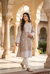 Beige Kashmiri Kashidakari Georgette Kurti – Elegant Ethnic Wear CraftKashmir