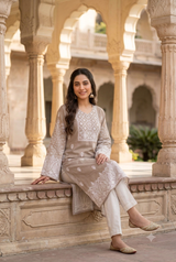 Beige Kashmiri Kashidakari Georgette Kurti – Elegant Ethnic Wear CraftKashmir
