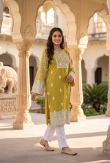 Yellow Kashmiri Kashidakari Georgette Kurti – Elegant Ethnic Wear CraftKashmir