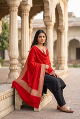 Red Kashmiri Jamawar Wool Shawl with Four-Sided Border CraftKashmir