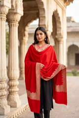Red Kashmiri Jamawar Wool Shawl with Four-Sided Border CraftKashmir