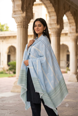Blue Kashmiri Semi Pashmina Wool Shawl with Traditional Motifs CraftKashmir