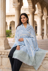 Blue Kashmiri Semi Pashmina Wool Shawl with Traditional Motifs CraftKashmir