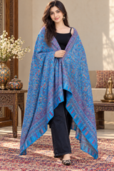 Blue Kashmiri Kani Woven Wool Shawl – Traditional Design CraftKashmir
