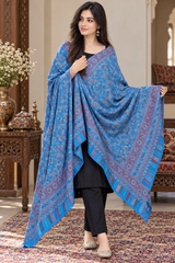 Blue Kashmiri Kani Woven Wool Shawl – Traditional Design CraftKashmir
