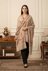 Beige Kashmiri Semi-Pashmina Shawl with Machine Sozni Work CraftKashmir