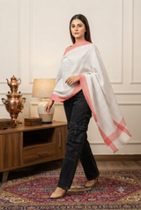 Cream check-pattern wool shawl styled with ethnic wear