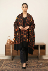 Black Kashmiri Hand Aari Work Wool Shawl – Traditional Design CraftKashmir