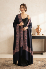 Black Kashmiri wool shawl with decorative beaded border patti design