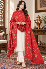 Red Kashmiri wool shawl with traditional hand Aari work