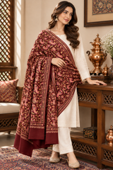 Maroon Kashmiri wool shawl with heavy Jaal and Aari work