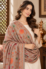 Beige Kashmiri wool shawl featuring Aari work