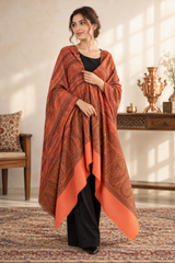 Orange Kashmiri wool shawl featuring a striped pattern