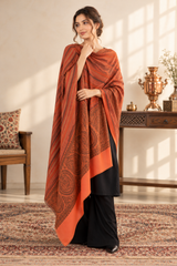 Orange Kashmiri shawl draped over a model