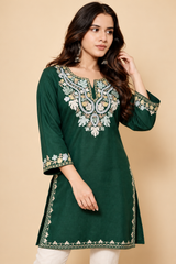 Green ethnic woollen kurti with Kashmiri embroidery details