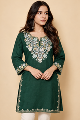 Green Kashmiri woollen kurti with decorative Aari work