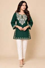 Green Kashmiri woollen kurti with Aari work from Craft Kashmir