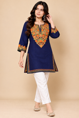Navy blue Kashmiri woollen short kurti with multicolour floral Aari work on neckline, cuffs and hem