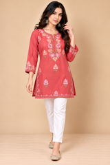 Coral Pink Kashmiri Kurti with Floral Embroidery CraftKashmir