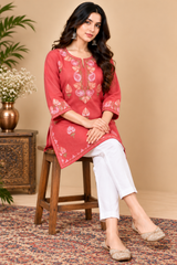 Coral Pink Kashmiri Kurti with Floral Embroidery CraftKashmir