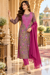 Purple Kashmiri Woollen Unstitched Salwar Kameez with Stole CraftKashmir