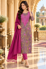 Purple Kashmiri Woollen Unstitched Salwar Kameez with Stole CraftKashmir