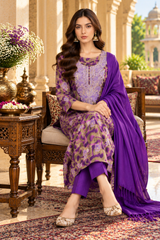 Detailed view of decorative work on the purple Kashmiri suit