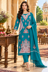 Blue unstitched Kashmiri salwar kameez material for women