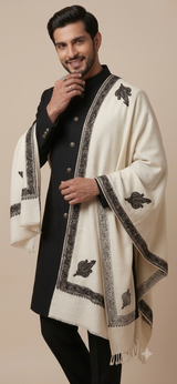 Off-White & Black Embroidered Men's Wedding Shawl CraftKashmir