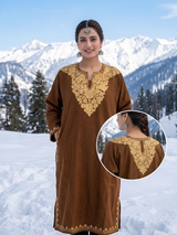 Rich Brown Kashmiri Woolen Pheran with Golden Aari Embroidery (Front & Back Neck Design) CraftKashmir