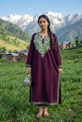Plum Wine Kashmiri Woolen Pheran with Sage Green Floral Aari Embroidery CraftKashmir