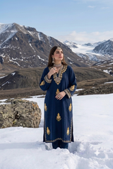 Navy Blue Kashmiri Woolen Pheran with Golden Aari Embroidery & Booti Work CraftKashmir