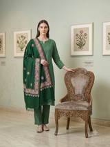 Emerald Green Kashmiri Woolen Stole with Floral Aari Hashia Border & Booti Work CraftKashmir