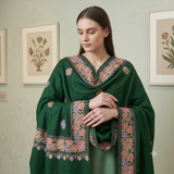 Emerald Green Kashmiri Woolen Stole with Floral Aari Hashia Border & Booti Work CraftKashmir