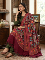 Maroon Kashmiri Woolen Stole with Traditional Paisley (Kalka) & Floral Aari Work CraftKashmir