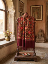 Deep Wine Maroon Kashmiri Woolen Stole with Dense Floral Jaal Aari Embroidery CraftKashmir
