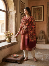Deep Wine Maroon Kashmiri Woolen Stole with Dense Floral Jaal Aari Embroidery CraftKashmir