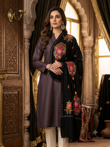 Jet Black Kashmiri Woolen Stole with Vibrant Floral Bouquet (Gul-Dasta) Aari Embroidery CraftKashmir