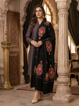 Jet Black Kashmiri Woolen Stole with Vibrant Floral Bouquet (Gul-Dasta) Aari Embroidery CraftKashmir