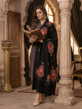 Jet Black Kashmiri Woolen Stole with Vibrant Floral Bouquet (Gul-Dasta) Aari Embroidery CraftKashmir