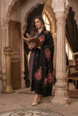 Jet Black Kashmiri Woolen Stole with Vibrant Floral Bouquet (Gul-Dasta) Aari Embroidery CraftKashmir