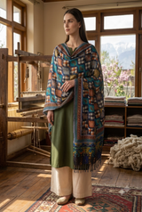 Multi-Color Kashmiri Woolen Stole with Geometric Check Print & Fine Aari Embroidery CraftKashmir
