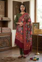 Maroon Kashmiri Woolen Stole with Traditional Paisley (Kalka) & Floral Aari Work CraftKashmir