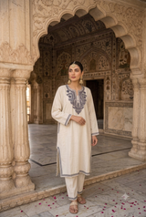 White Kashmiri Aari Embroidered Woolen Phiran Kurta CraftKashmir