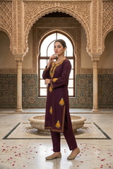 Pakistani model wearing a plum wine Kashmiri embroidered knee-length phiran kurta in a royal palace courtyard.