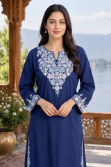 Blue Cotton Kashmiri Aari Work Kurti CraftKashmir