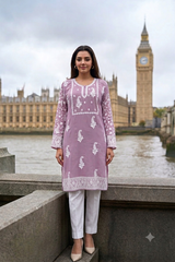 Lavender Kashmiri A ari Embroidered Kurti – Traditional Kashmiri Floral Design CraftKashmir