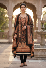 A woman stands in a stone courtyard wearing a traditional three-piece salwar kameez suit. The outfit features a black base with intricate rust-orange and beige floral patterns, a matching printed dupatta, and black trousers.
